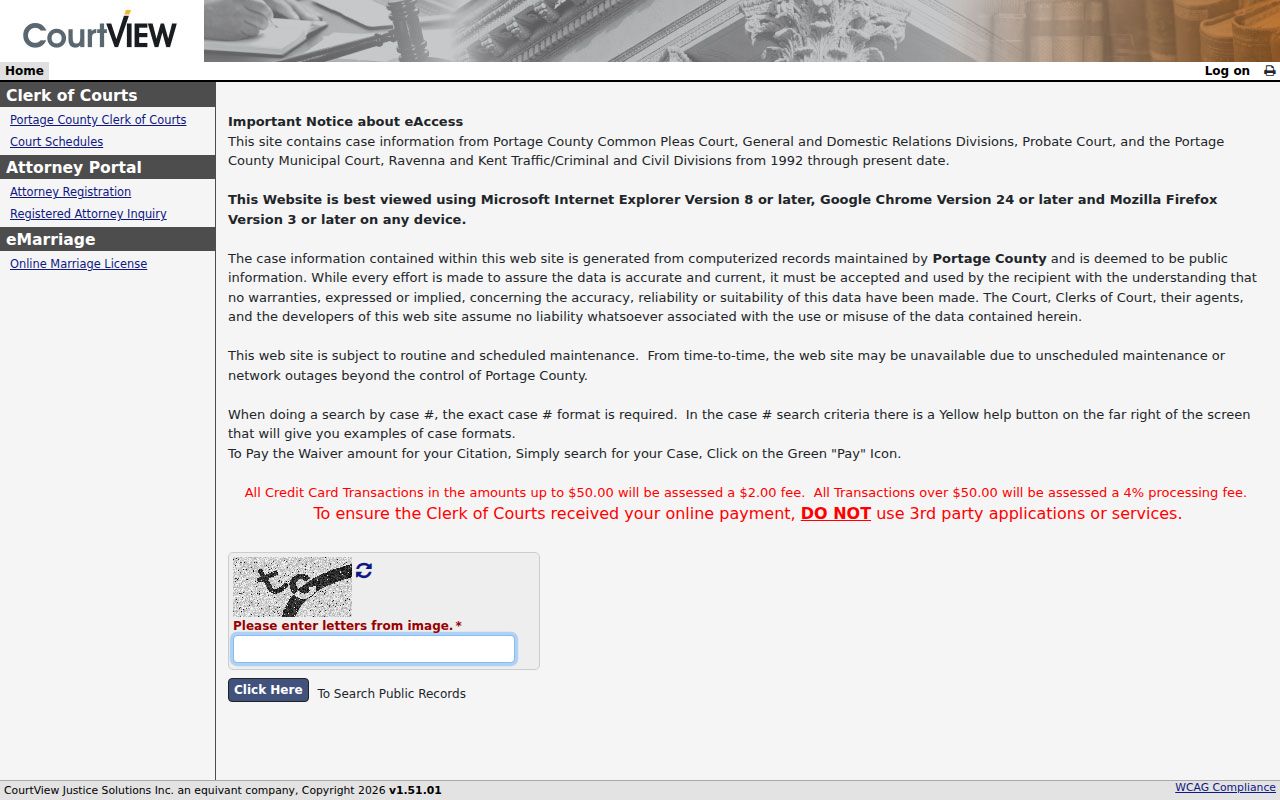 Portage County Case Lookup public record search landing interface