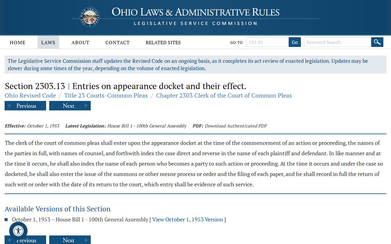 Portage County civil docket Ohio Revised Code 2303.13 source page