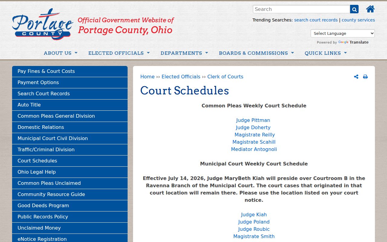 Portage County court calendar Clerk Court Schedules source page