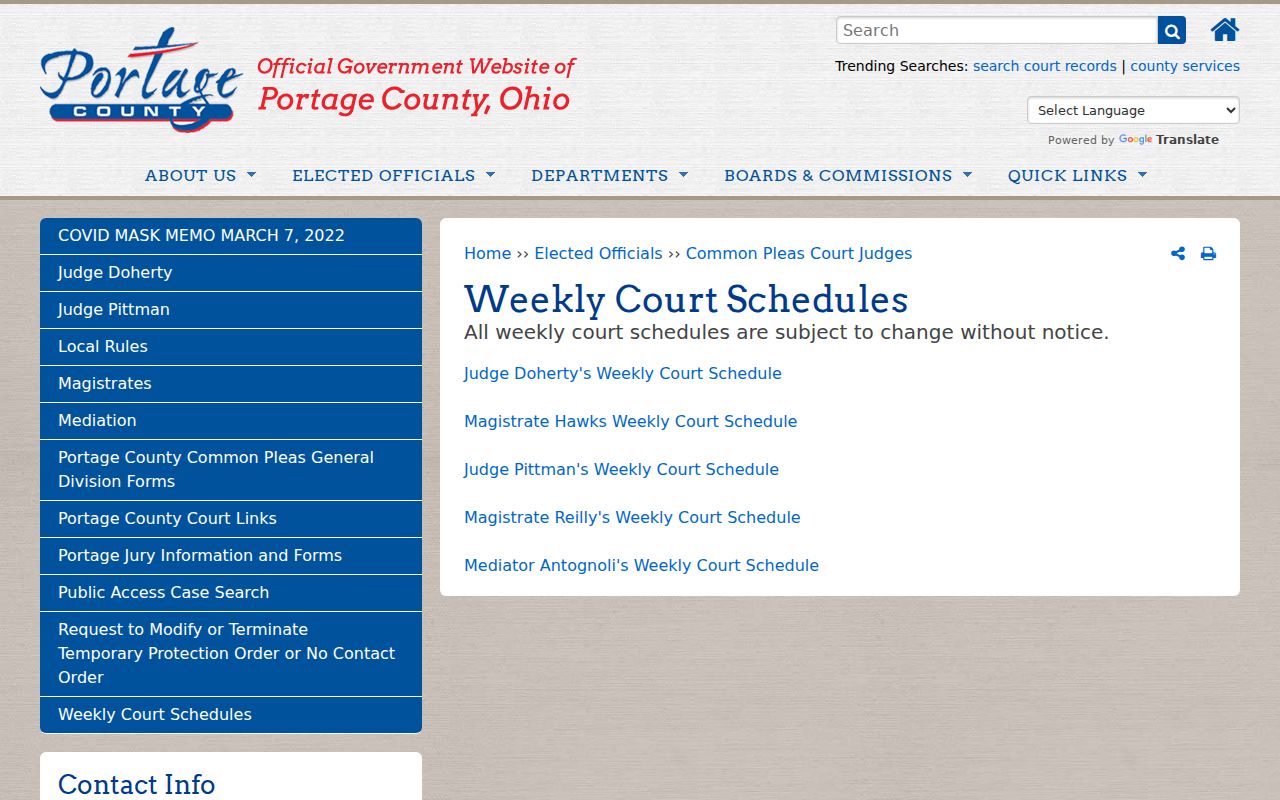 Portage County court calendar Common Pleas schedules source page