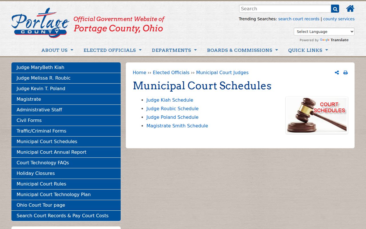 Portage County court calendar Municipal Court schedules source page