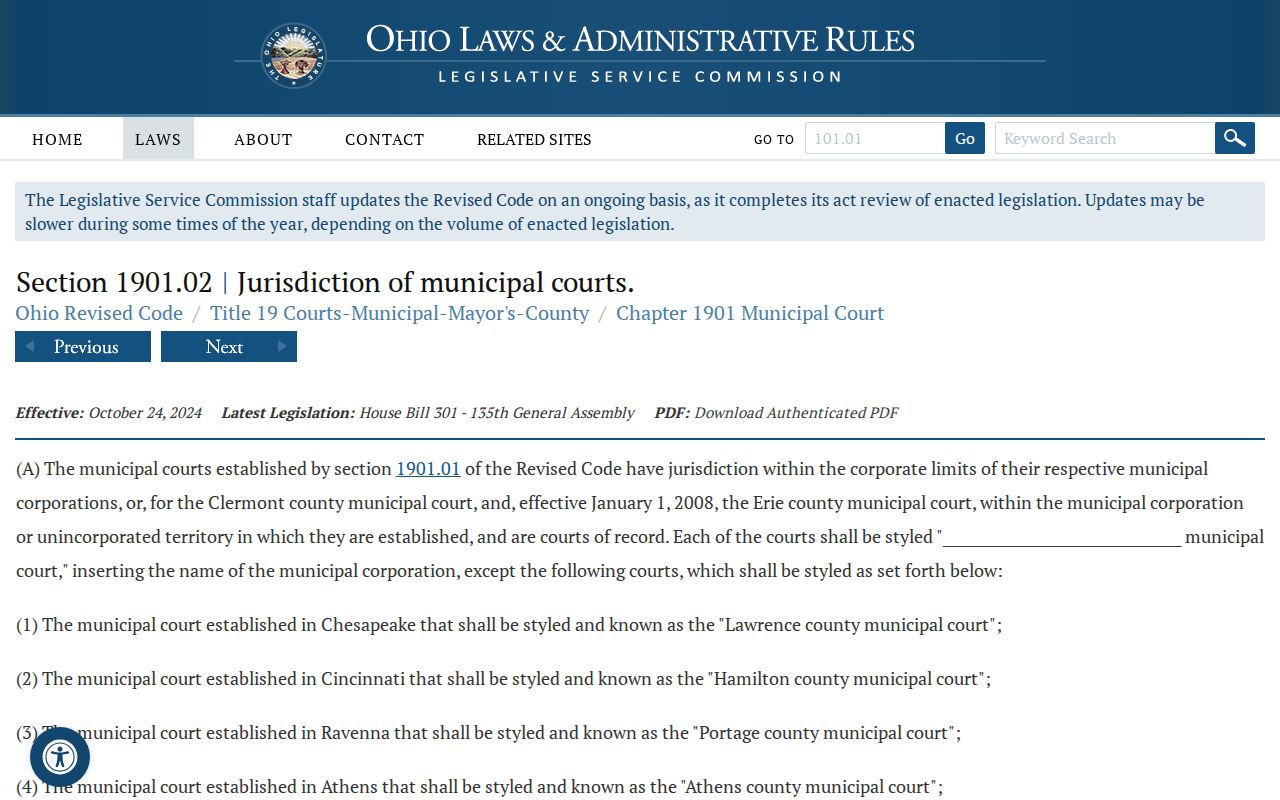 Portage County traffic court records and Ohio Municipal Court jurisdiction law